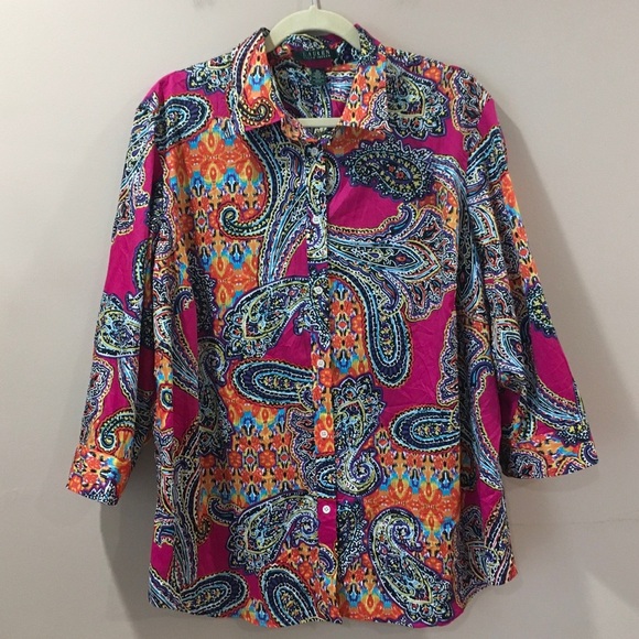 Lauren Ralph Lauren 2X Women Career Button Up Blouse Shirt Paisley Pink Orange - Picture 1 of 7